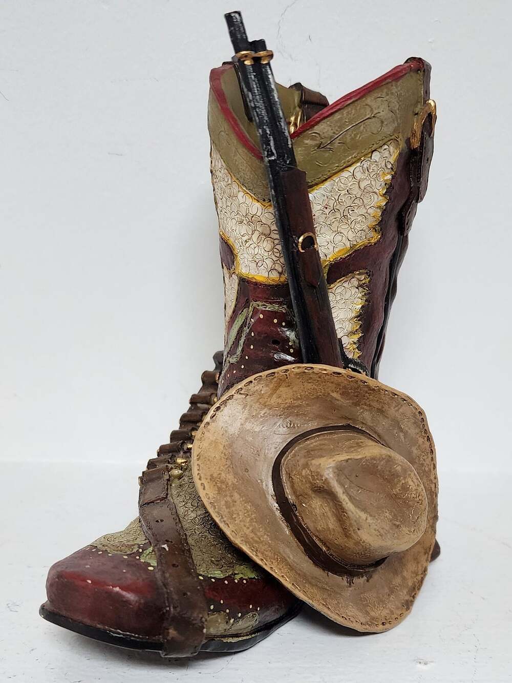Vintage Handpainted Western Boot Figurine w/ Hat & Rifle Resin Hand Painted 5.5"